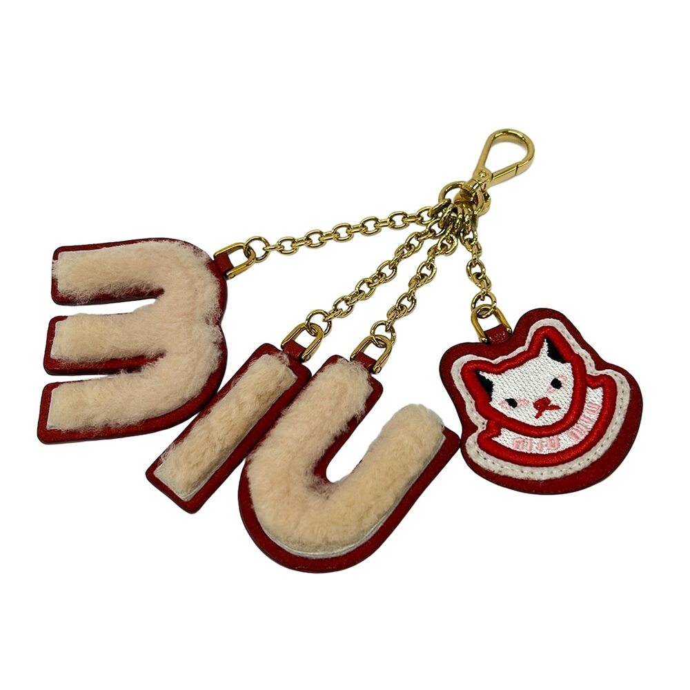 Miu Miu Bag Charm Red Gold Multi Leather Hardware Fake Fur